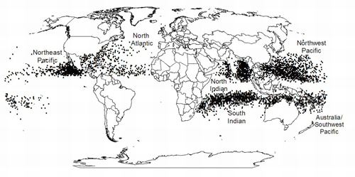 map of tropical cyclone formation 1958-1997