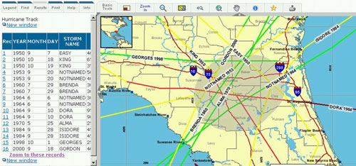 map of hurricane tracks in north Florida